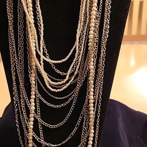 Long Silver Chain and Pearl Necklace